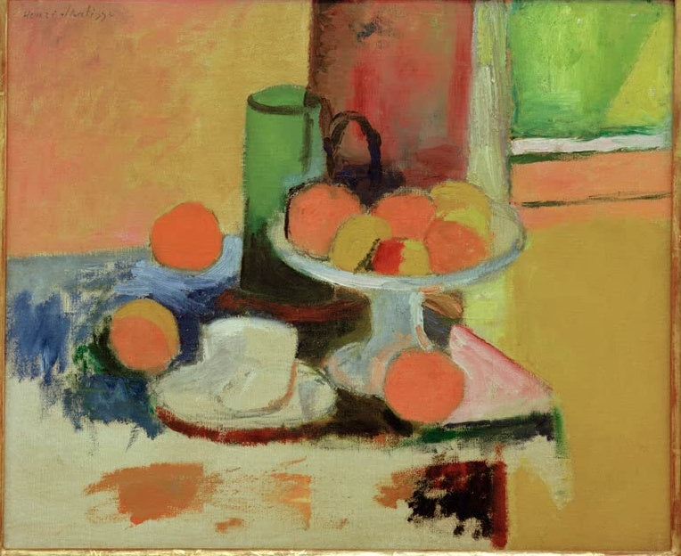 Orangen auf Fußschale, grüner Krug und Teller vor orangegelbem Grund – Henri Matisse Nature morte aux oranges (II) Kunstkopie