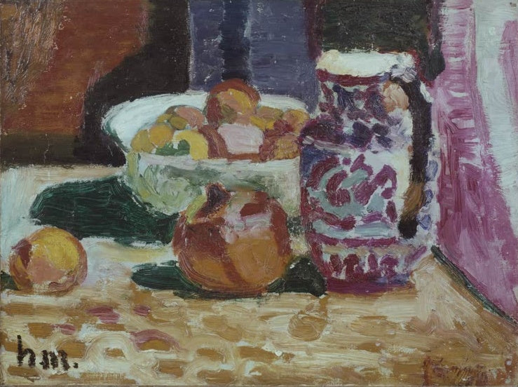 Obstschale, Granatapfel und gemusterte Vase auf einem Tisch in erdigen Farbtönen – Henri Matisse Nature morte Kunstkopie