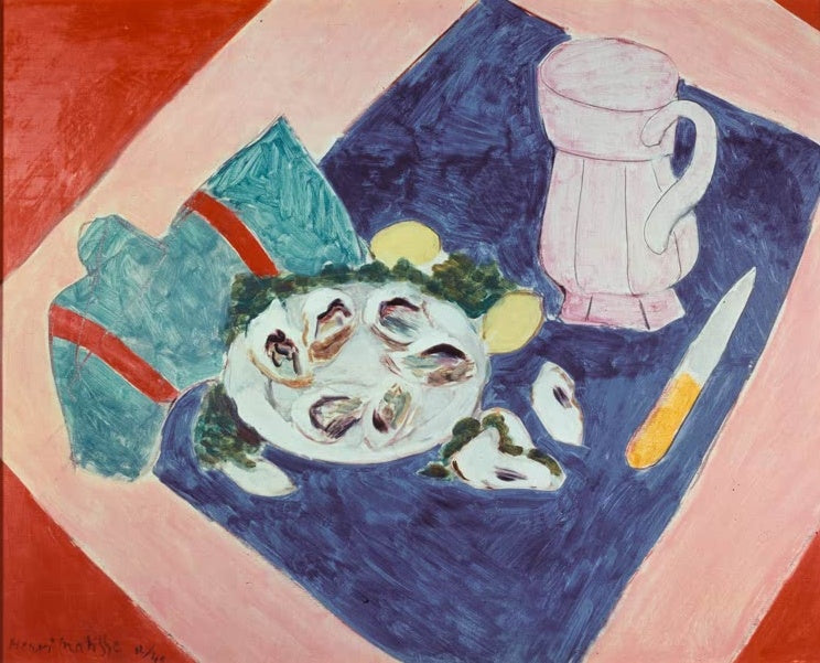 Austern auf Teller neben Krug und Messer auf blauem Tuch mit rosa Rand – Henri Matisse Naturemorte aux huîtres Kunstkopie