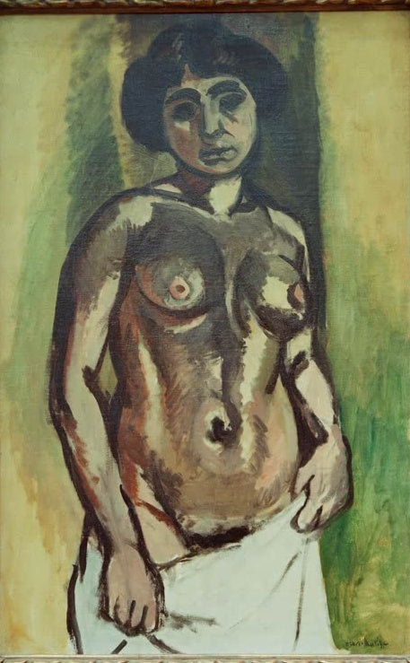 Stehender weiblicher Akt mit weißem Tuch vor grünem Hintergrund – Henri Matisse Nu, noir et or Kunstkopie
