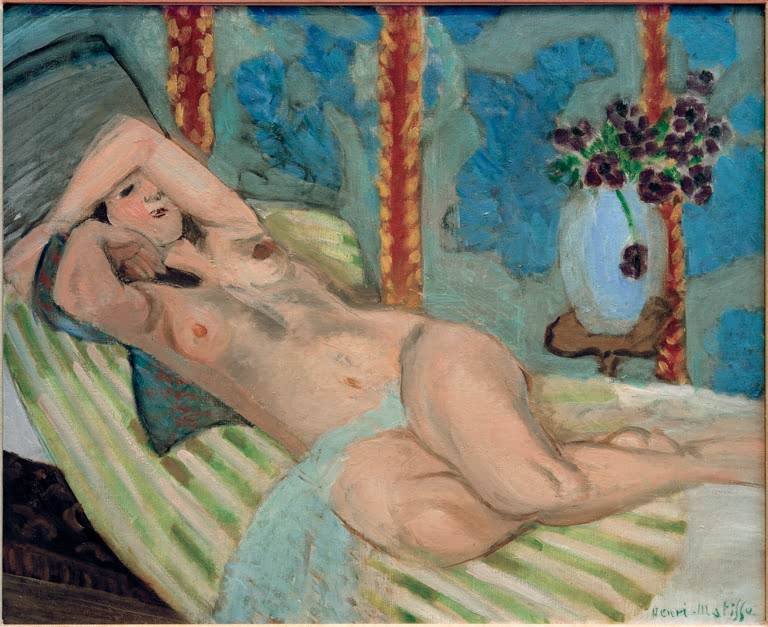 Liegender Akt auf gestreiftem Lager vor blauem Grund mit Blumenvase – Henri Matisse Odalisque (Nu sur fond bleu) Kunstkopie