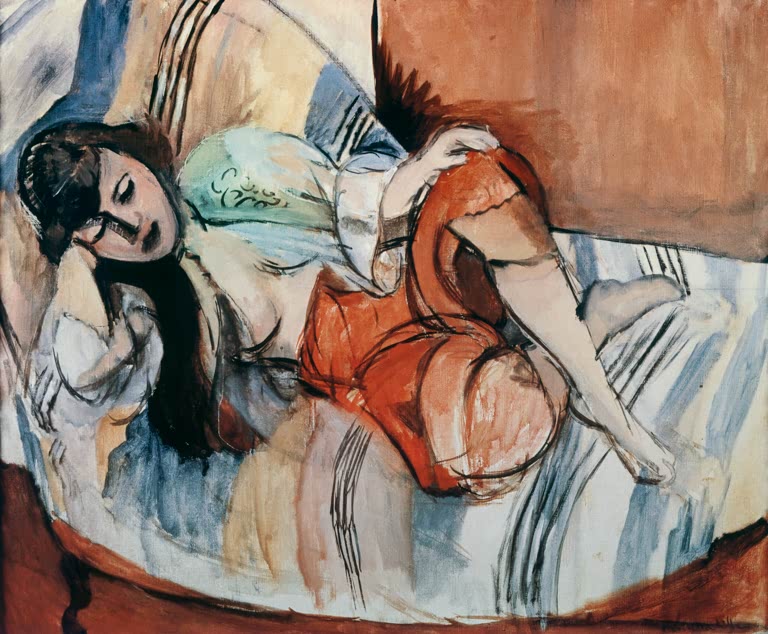 Liegende Frau in rotem Kleid auf gestreiftem Sofa, den Kopf aufgestützt – Henri Matisse Odalisque Kunstkopie