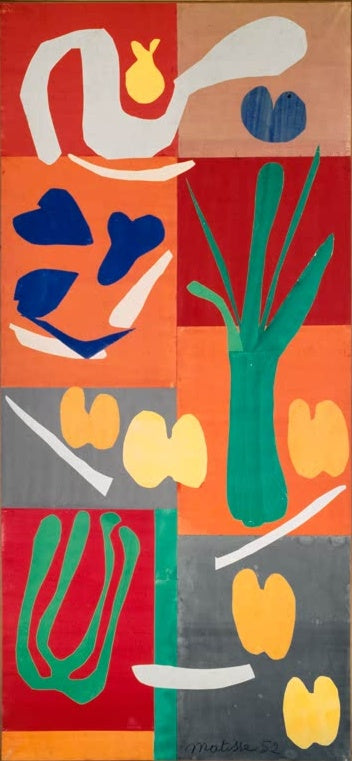 Grüner Lauch und gelbe Formen auf roten, orangen und grauen Feldern – Henri Matisse Pflanzen Kunstkopie