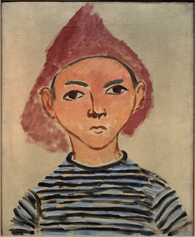 Porträt eines Jungen mit rosa Spitzmütze und gestreiftem Pullover vor grauem Grund – Henri Matisse Pierre Matisse Kunstkopie