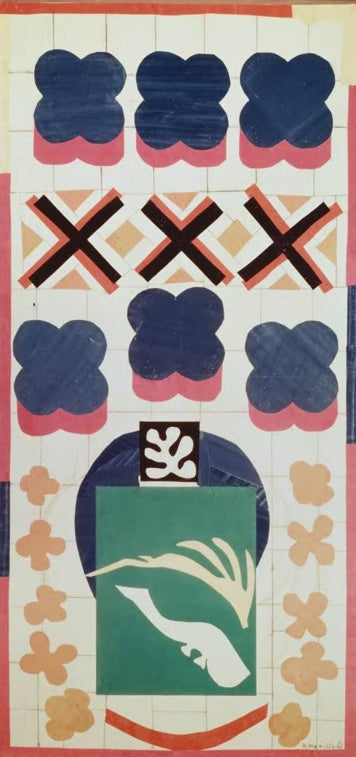 Blaue Blüten, schwarz-rote Kreuze und grüne Fläche mit weißer Form – Henri Matisse Poisson chinois Kunstkopie
