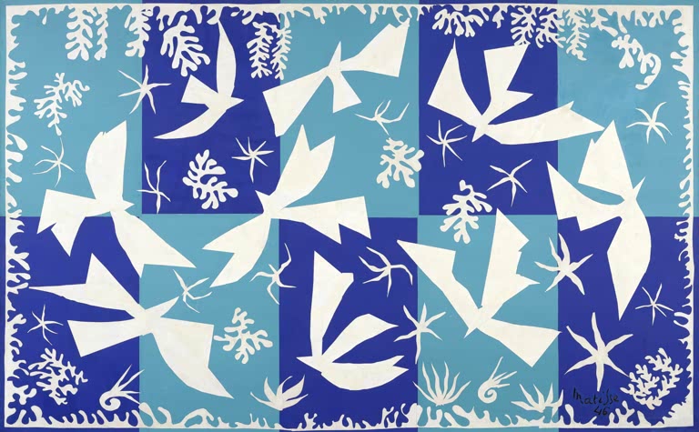 Weiße Vögel und Algen auf blauem und türkisem Schachbrettgrund – Henri Matisse Polynesien, der Himmel Kunstkopie