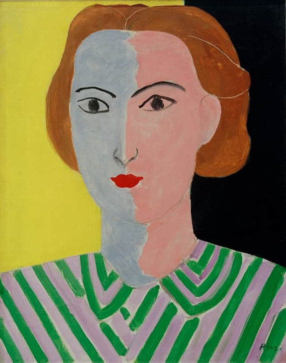 Frauenporträt mit halb blauem, halb rosa Gesicht und gestreifter Bluse – Henri Matisse Porträt in Rosa und Blau Kunstkopie