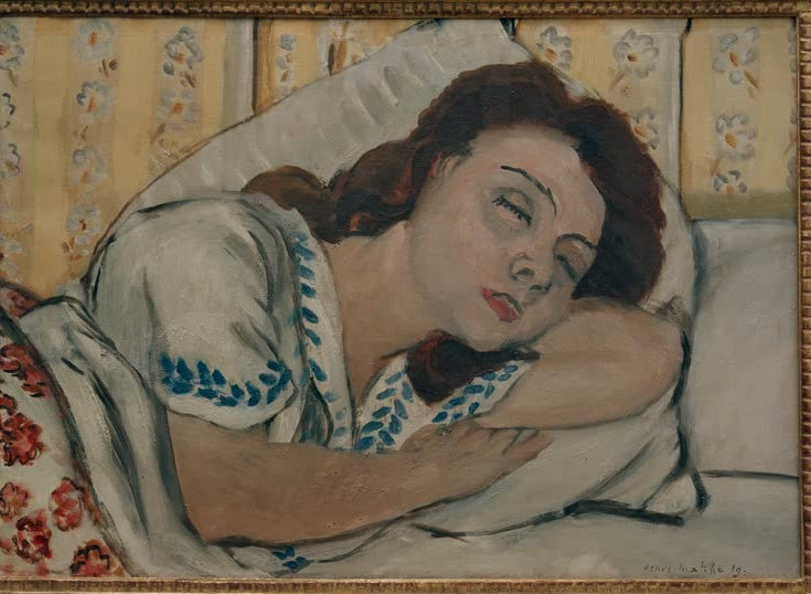 Schlafende junge Frau in Kissen vor Blumentapete – Henri Matisse Portrait de Marguerite endormie Kunstkopie