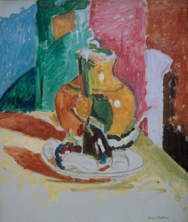 Gelber Provence-Krug mit Teller auf Tisch vor farbigen Flächen – Henri Matisse Poterie jaune de Provence Kunstkopie