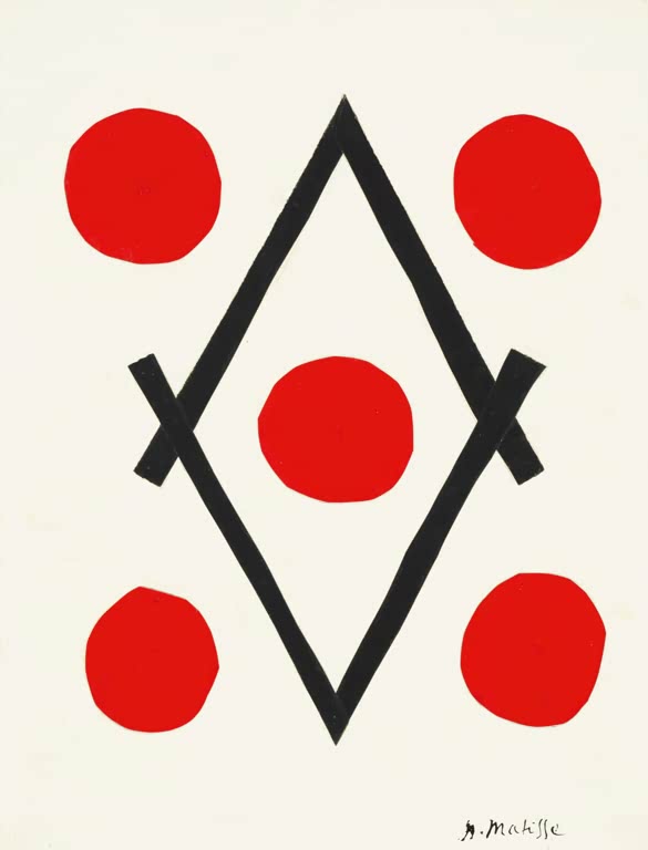 Schwarze Raute mit fünf roten Kreisen auf cremeweißem Grund – Henri Matisse Rhombus Kunstkopie