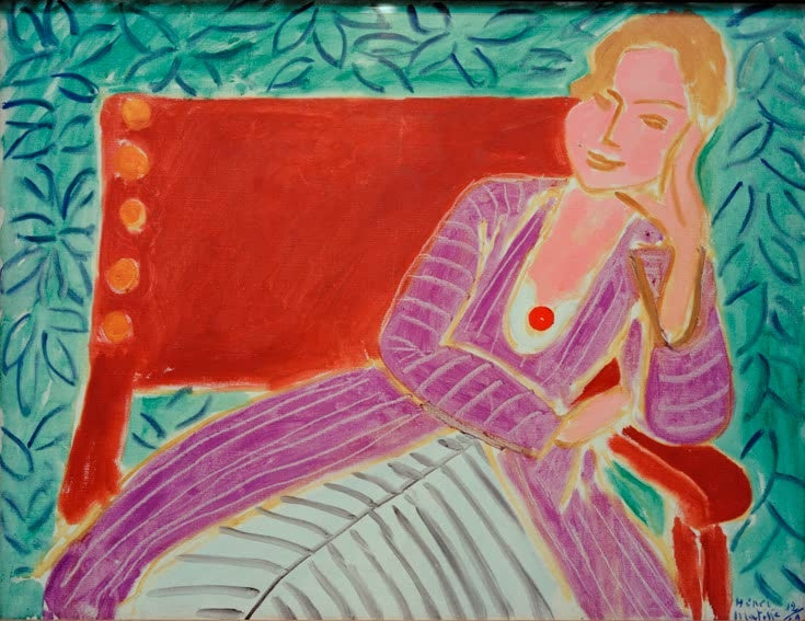Mädchen in violettem Streifenkleid auf rotem Sessel – Henri Matisse Sitzendes Mädchen in Persertracht Kunstkopie