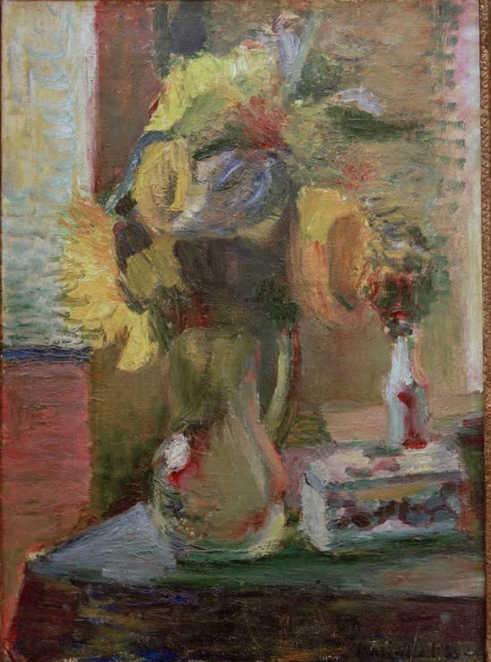 Sonnenblumen in einer Vase neben einem Kästchen vor farbigem Grund – Henri Matisse Sonnenblumen in einer Vase Kunstkopie