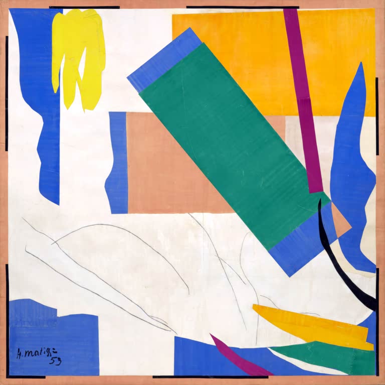 Bunte Papierformen in Blau, Grün, Gelb und Orange mit Kreidelinien – Henri Matisse Souvenir d'Océanie Kunstkopie