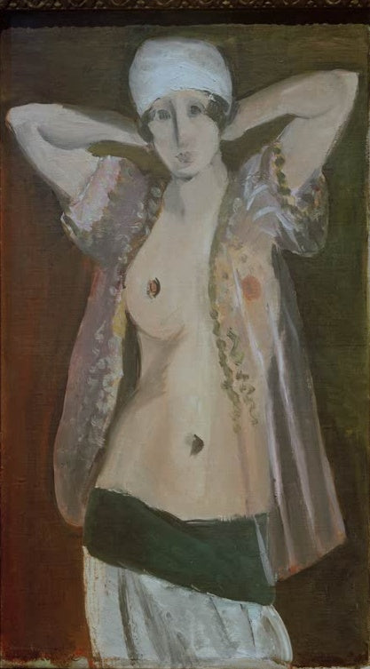 Halbnackte Frau mit weißem Turban und Perlenband, Arme hinter dem Kopf – Henri Matisse Stehende Odaliske Kunstkopie