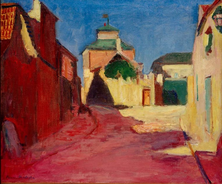 Straße mit roten Häusern, rotem Weg und Tor mit Turm unter blauem Himmel – Henri Matisse Straße in Arcueil Kunstkopie