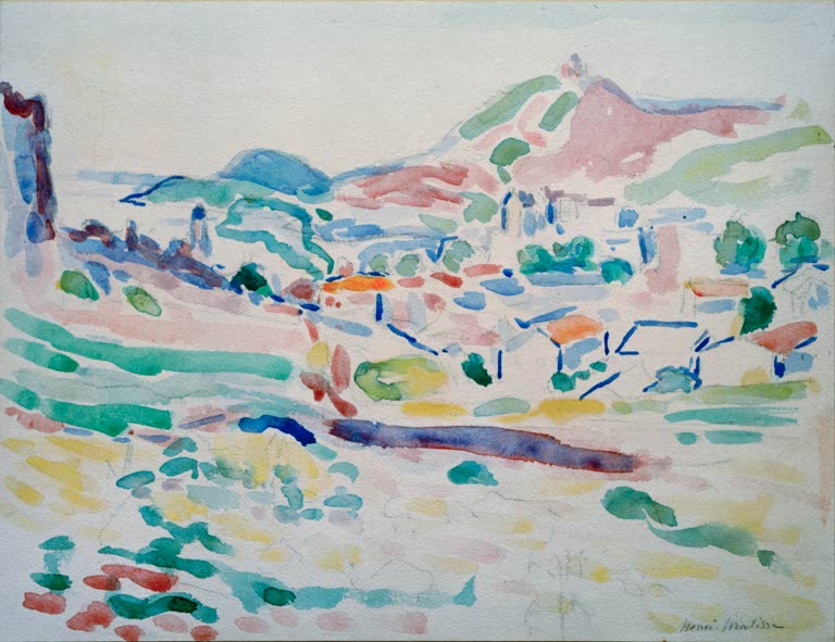 Dorf Collioure mit Hügeln und Dächern in lichten Aquarellfarben – Henri Matisse Vue de Collioure (Village) Kunstkopie