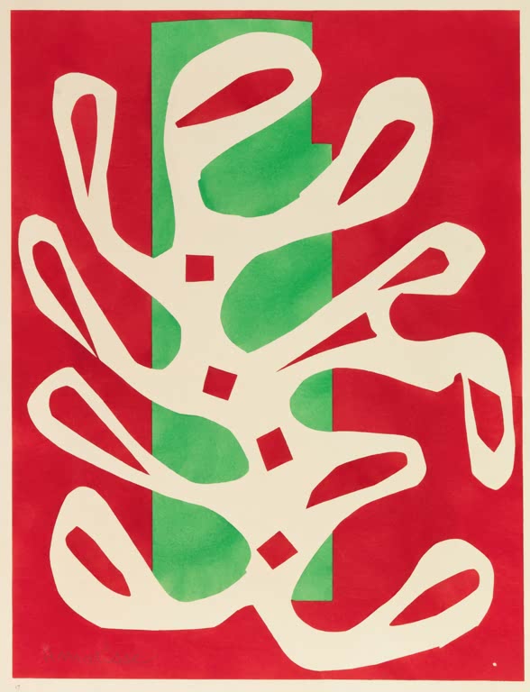 Weiße Algenform auf rotem Grund mit grünem Streifen – Henri Matisse Weiße Alge auf rotem und grünem Hintergrund Kunstkopie