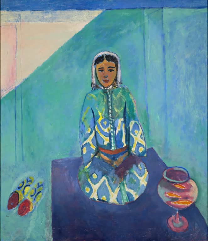 Sitzende Frau in gemustertem Gewand mit Goldfischglas vor türkisem Grund – Henri Matisse Zorah auf der Terrasse Kunstkopie