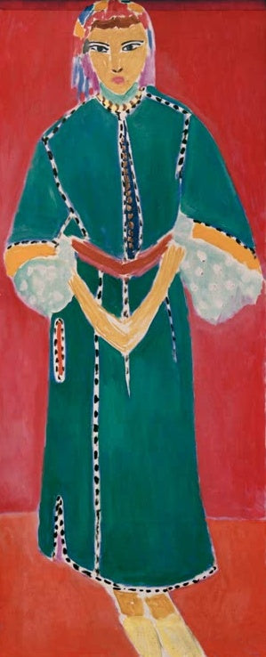Stehende Frau in grünem Gewand und Kopftuch vor rotem Hintergrund, Hochformat – Henri Matisse Zorah debout Kunstkopie