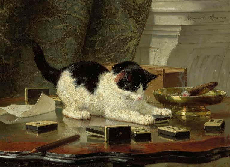 Henriette Ronner-Knip Die Katze beim Spielen Kunstkopie, schwarz-weiße Katze mit Dominosteinen auf poliertem Tisch
