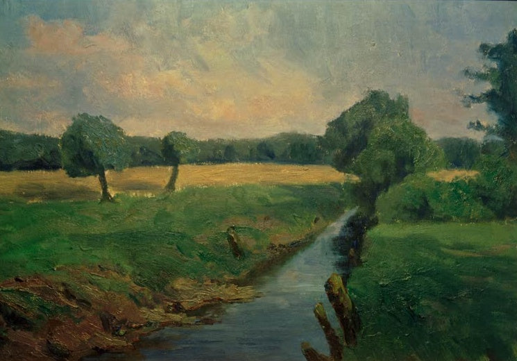 Hermine Overbeck-Rohte An der Aue bei Sonnenuntergang Kunstkopie, Bachlauf zwischen grünen Wiesen unter Abendhimmel