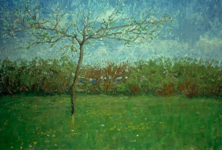 Hermine Overbeck-Rohte Apfelbäumchen vor Hecke Kunstkopie, kleiner Apfelbaum mit frischem Laub auf Frühlingswiese vor Hecke