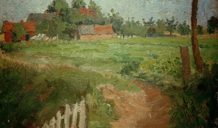 Hermine Overbeck-Rohte Bauernhäuser mit Wäsche Kunstkopie, Wiese mit rotgedeckten Höfen, weißer Wäsche und Zaun