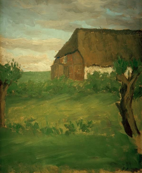 Hermine Overbeck-Rohte Bauernhaus mit Weiden Kunstkopie, Reetdachhaus über grüner Wiese zwischen zwei Kopfweiden unter Wolken