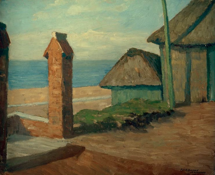 Hermine Overbeck-Rohte Bei den Liegehallen auf Föhr Kunstkopie, Ziegelpfosten und Reetdachhütten vor Strand und Meer