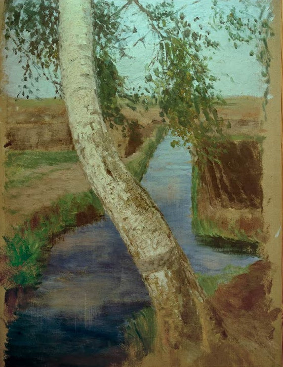 Hermine Overbeck-Rohte Birkenstamm überm Torfkanal Kunstkopie, schräge Birke über dunklem Wasser im Moor