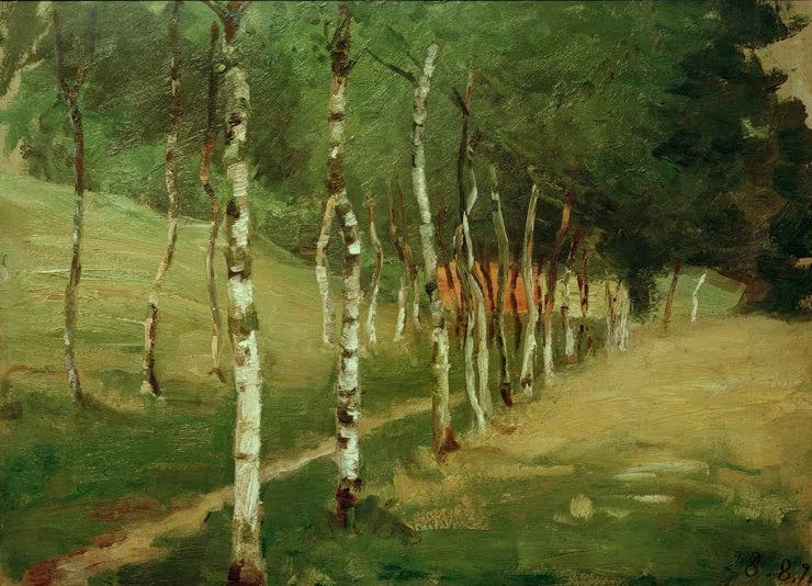 Hermine Overbeck-Rohte Birkenweg zum roten Haus Kunstkopie, weiße Birkenstämme entlang eines Pfades auf grüner Wiese