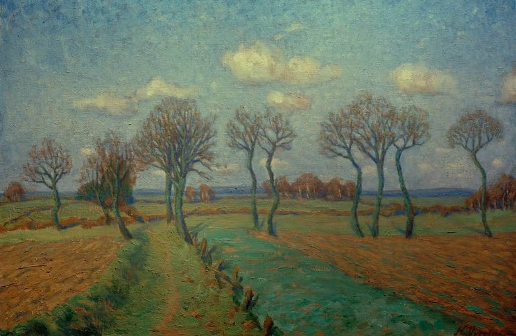 Hermine Overbeck-Rohte Blauer Märztag Kunstkopie, kahle Bäume über gepflügten Feldern unter Wolkenhimmel