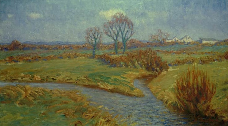 Hermine Overbeck-Rohte Blick auf Krümpelhäuser Kunstkopie, Bachlauf durch Wiesen mit kahlen Bäumen und fernen Häusern