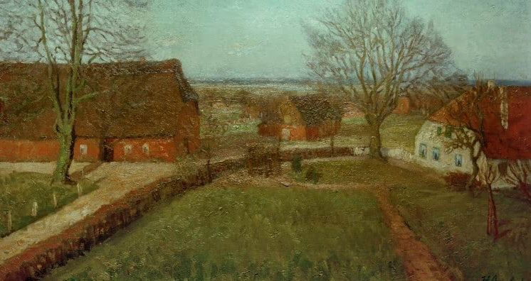 Hermine Overbeck-Rohte Blick aus meinem Fenster auf kahle Bäume Kunstkopie, Bauernhöfe und Gärten unter kahlen Laubbäumen