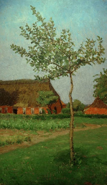 Hermine Overbeck-Rohte Blick aus meinem Fenster mit jungem Obstbaum Kunstkopie, schlanker Baum vor rotem Bauernhaus im Garten