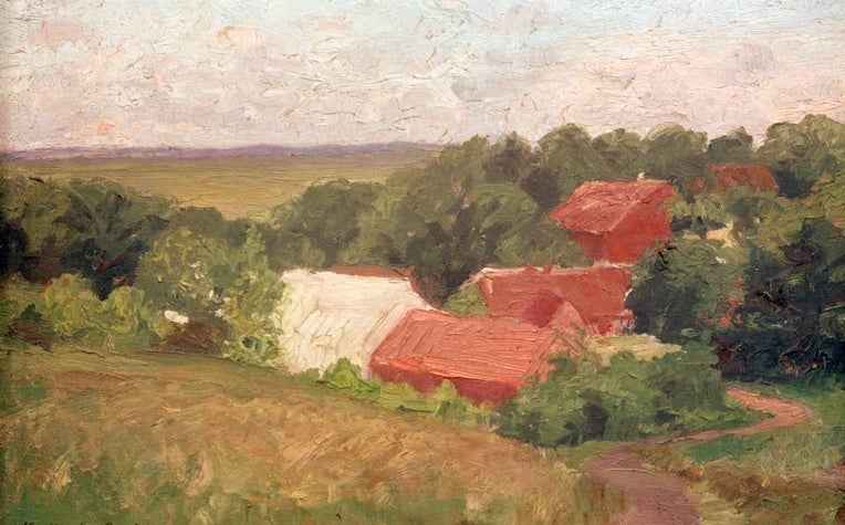 Hermine Overbeck-Rohte Blick vom Weyerberg Kunstkopie, rote Dächer zwischen Bäumen und weite Ebene im Dunst