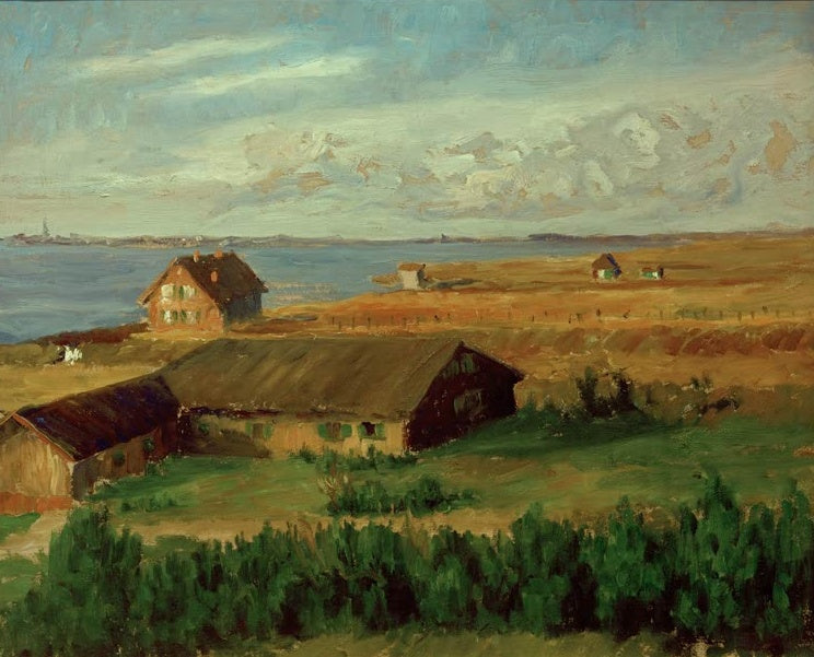 Hermine Overbeck-Rohte Blick von Föhr nach Amrum Kunstkopie, Höfe auf Wiesen über dem Wattenmeer unter Wolkenhimmel