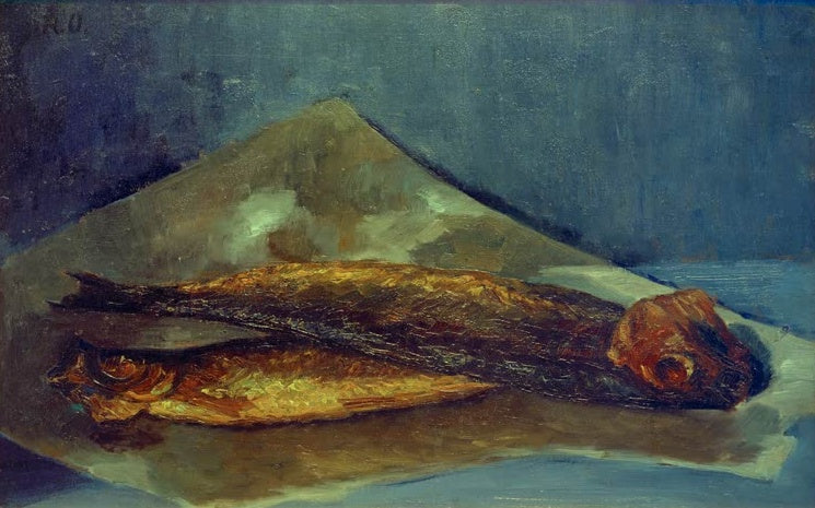 Hermine Overbeck-Rohte Bücklinge Kunstkopie, zwei geräucherte Fische auf Papier vor blaugrauem Hintergrund