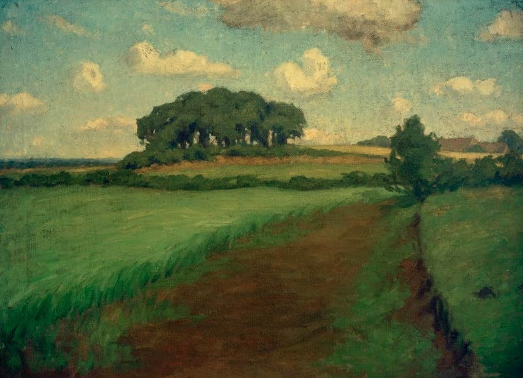 Hermine Overbeck-Rohte Das Hünengrab Kunstkopie, Baumgruppe auf einem Hügel über Feldern unter weißen Wolken