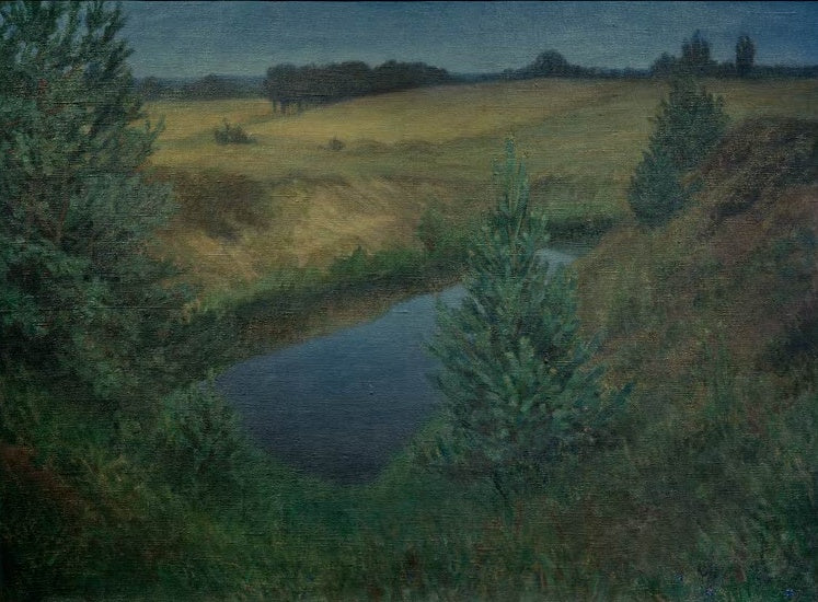 Hermine Overbeck-Rohte Das stille Wasser II Kunstkopie, dunkler Tümpel zwischen jungen Kiefern vor gelber Wiese