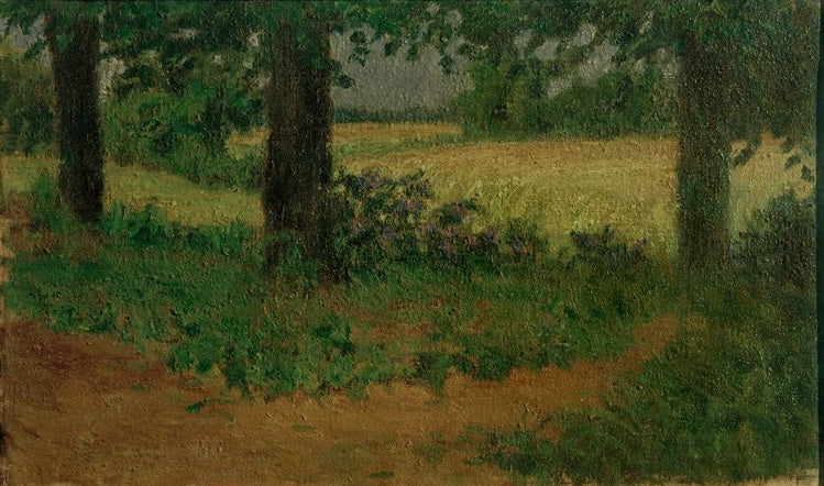 Hermine Overbeck-Rohte Die kleinen Rhododendren Kunstkopie, dunkle Baumstämme vor Feld mit violetten Blüten