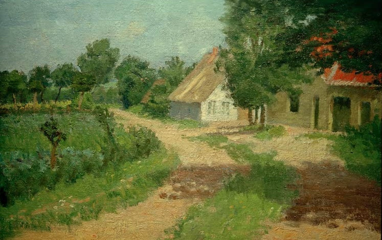 Hermine Overbeck-Rohte Dorfstraße Kunstkopie, sandige Gabelung zwischen Reetdachhaus, Bäumen und grünen Gärten