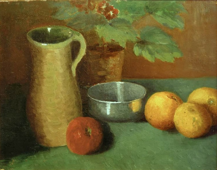 Hermine Overbeck-Rohte Drei Apfelsinen und ein Apfel Kunstkopie, Stillleben mit Steinkrug, Schale und Topfpflanze