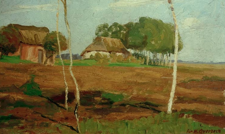 Hermine Overbeck-Rohte Drei Birken auf der Heide Kunstkopie, weiße Birkenstämme vor Reetdachhäusern und braunem Acker