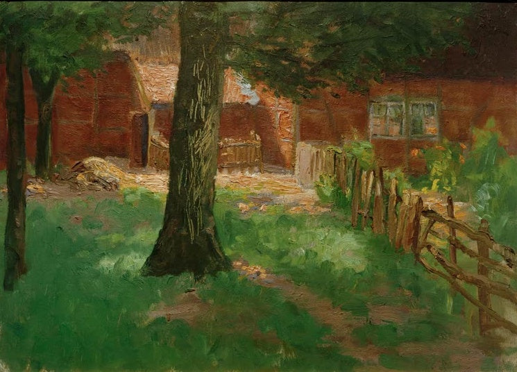 Hermine Overbeck-Rohte Ein sonniger Winkel Kunstkopie, Baumstamm im Schatten vor rotem Backsteinhof mit Holzzaun