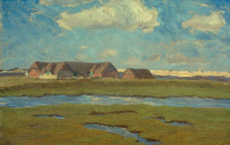 Hermine Overbeck-Rohte Gehöft auf Sylt I Kunstkopie, Reetdachgehöft in der Marsch unter bewegtem Wolkenhimmel