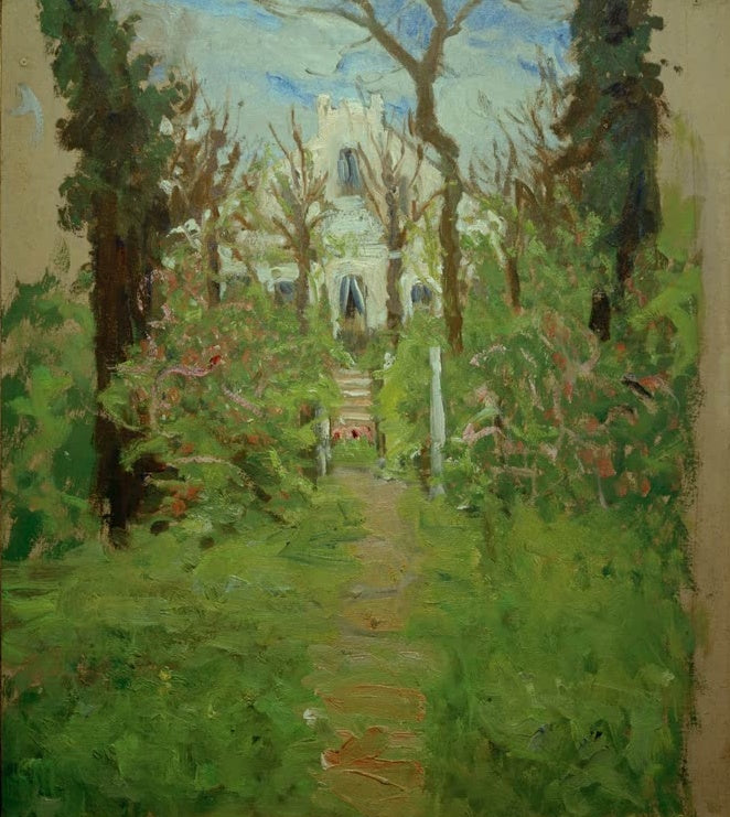 Hermine Overbeck-Rohte Haus Sechslinden Kunstkopie, Gartenweg mit blühenden Sträuchern zu einem hellen Haus