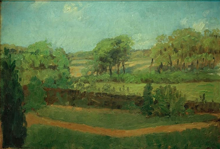 Hermine Overbeck-Rohte In Behrmanns Garten Kunstkopie, grüne Gartenlandschaft mit rotem Weg, Hecke und Baumgruppen