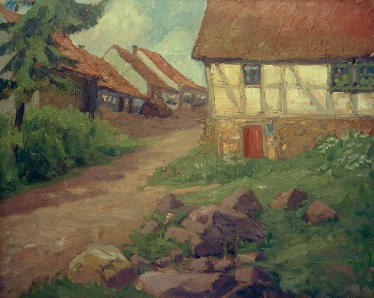 Hermine Overbeck-Rohte In Frankenheim I Rhön Kunstkopie, sonnenbeschienenes Fachwerkhaus an einer Dorfgasse mit Steinen
