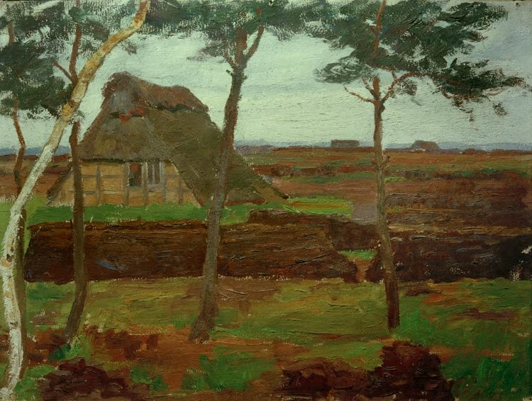 Hermine Overbeck-Rohte Kate im Teufelsmoor Kunstkopie, Reetdachkate hinter Torfstapeln und Kiefern in weiter Moorlandschaft